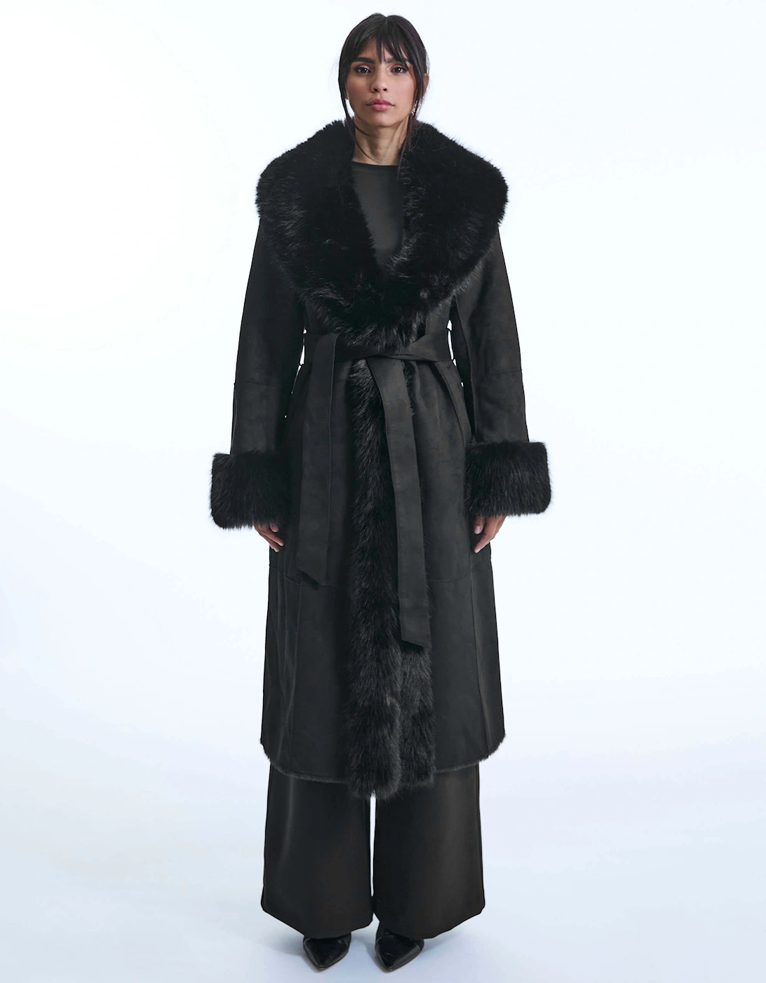 Faux Fur Cuff Belted Coat, 2 of 1