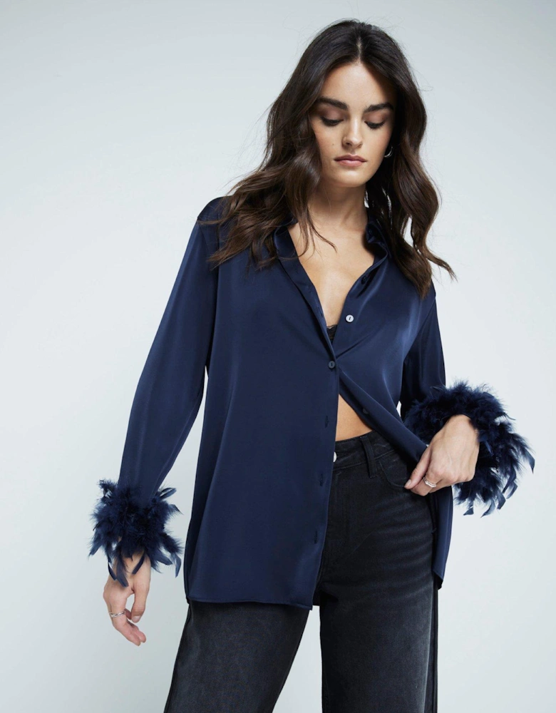 Feather Cuff Oversized Shirt - Navy