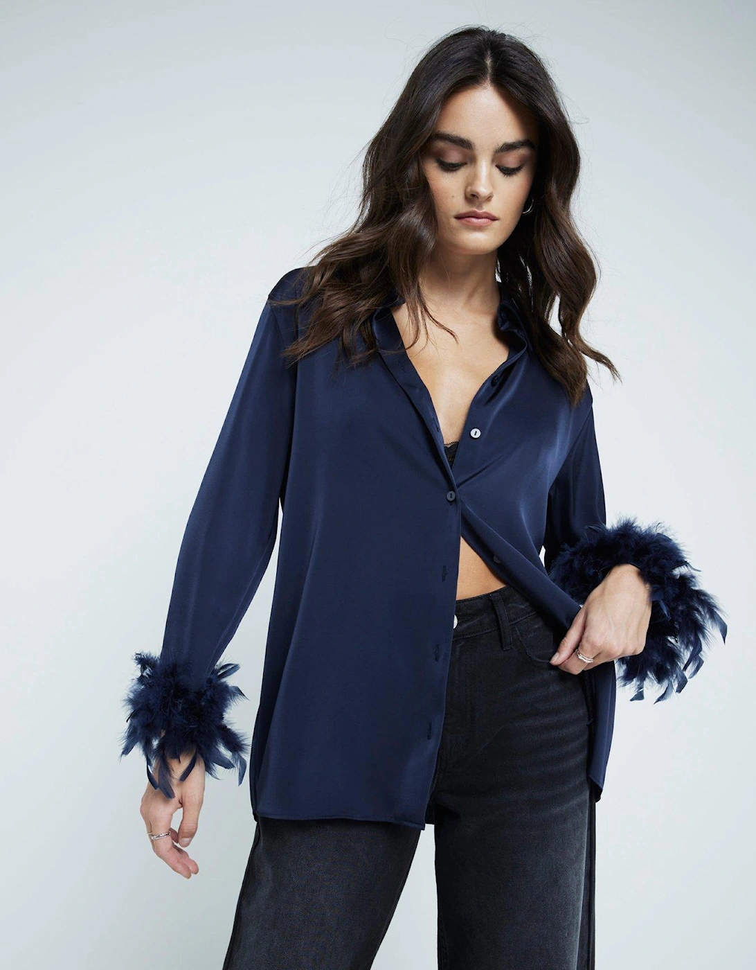 Feather Cuff Oversized Shirt - Navy, 6 of 5