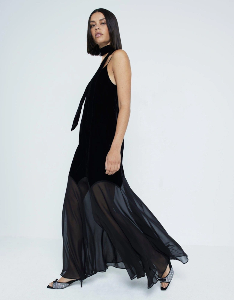 Velvet Chiffon Maxi Dress - Black