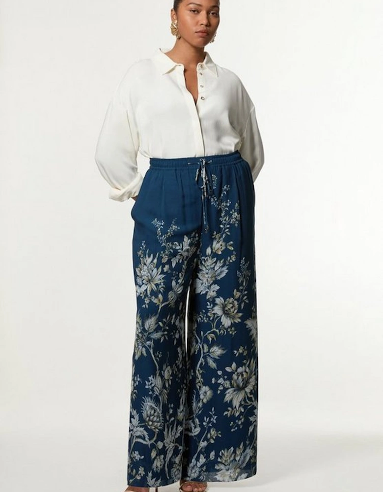 Plus Size Border Print Viscose Piped Woven Wide Leg Trouser