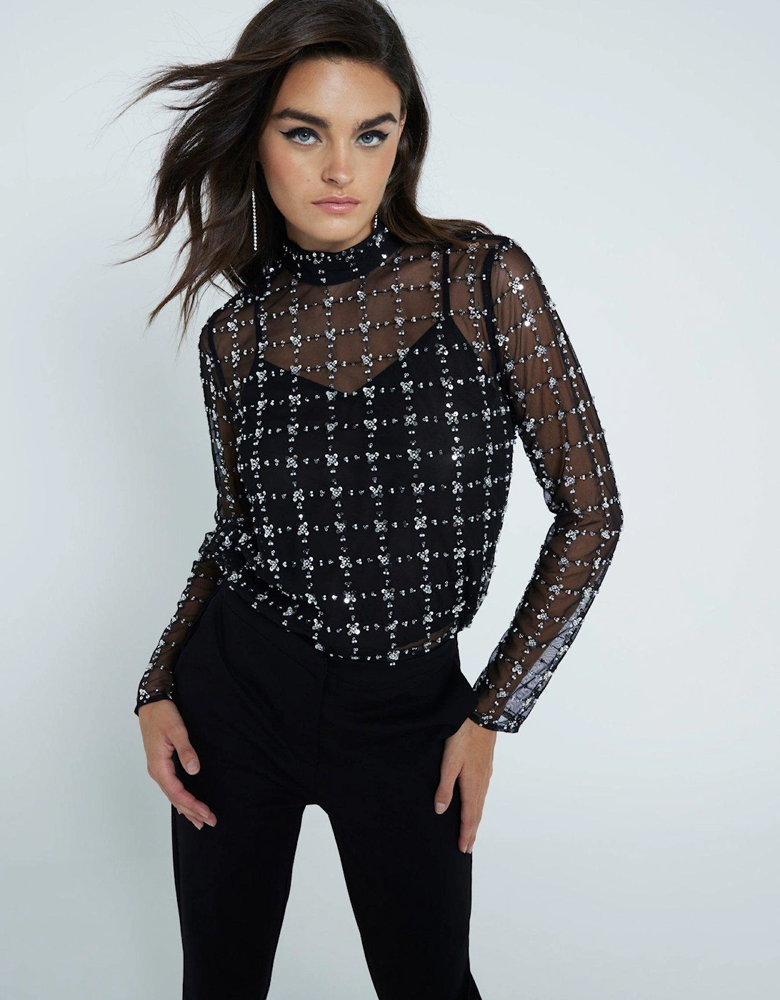 Floral Sequin Mesh Top - Black, 7 of 6