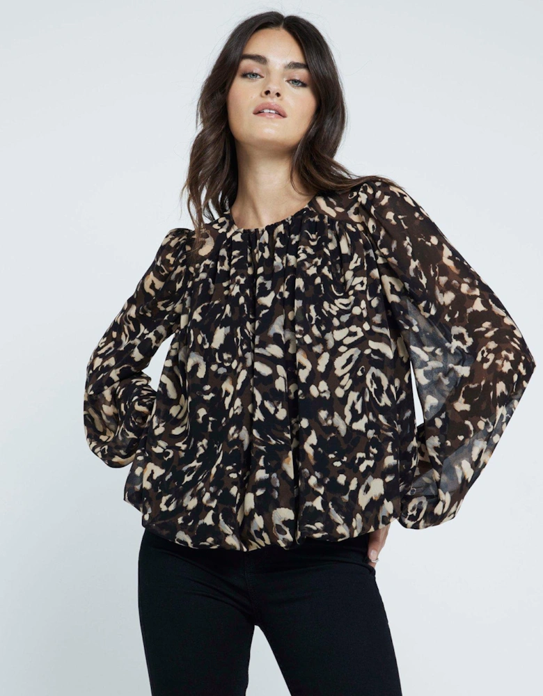 Animal Gathered Bubble Blouse - Black