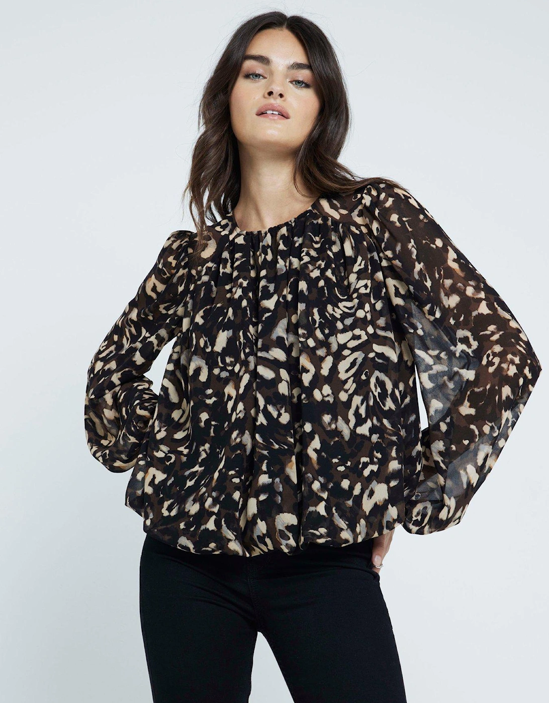 Animal Gathered Bubble Blouse - Black, 7 of 6