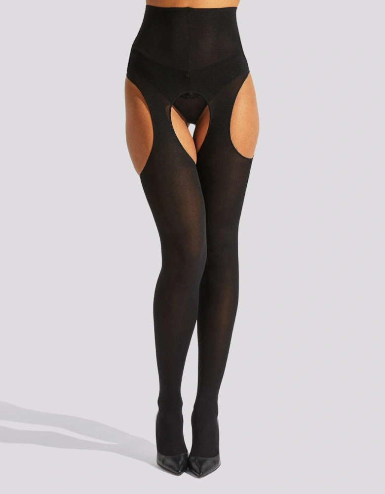 High Waisted Crotchless Glossy Tights - Black