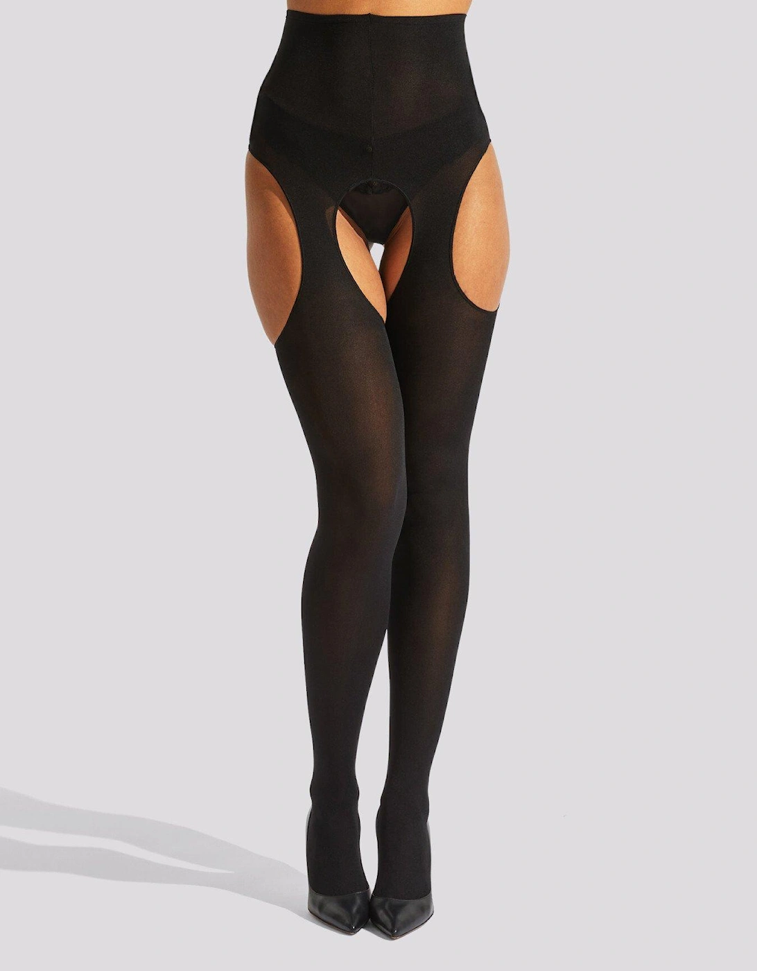 High Waisted Crotchless Glossy Tights - Black, 2 of 1