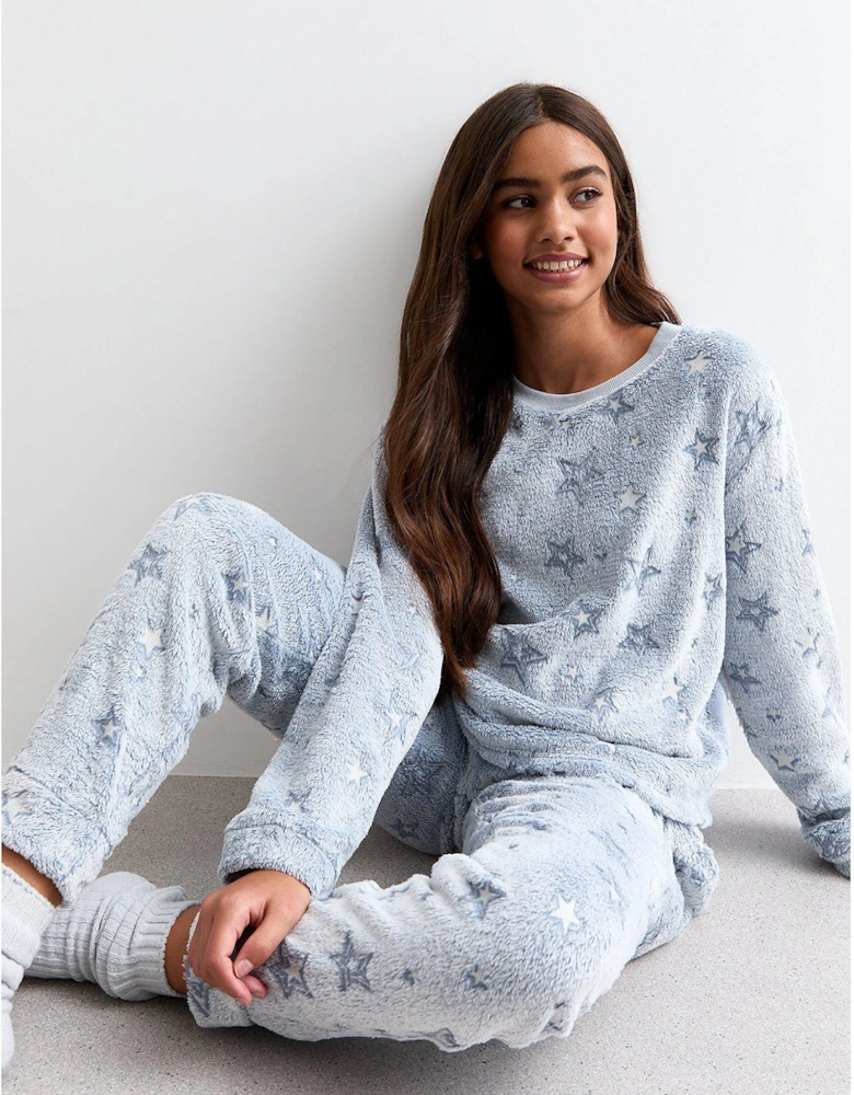 Girls Blue Metallic Star Fleece Long Pyjama Set