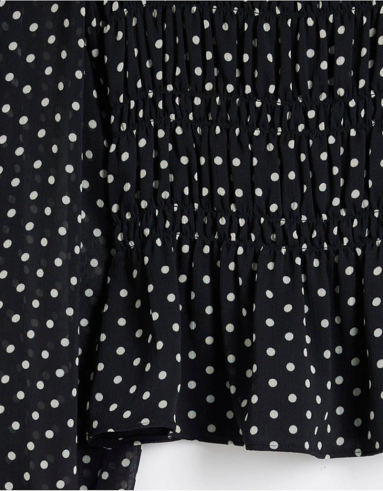 Spot Shirred Chiffon Blouse - Black