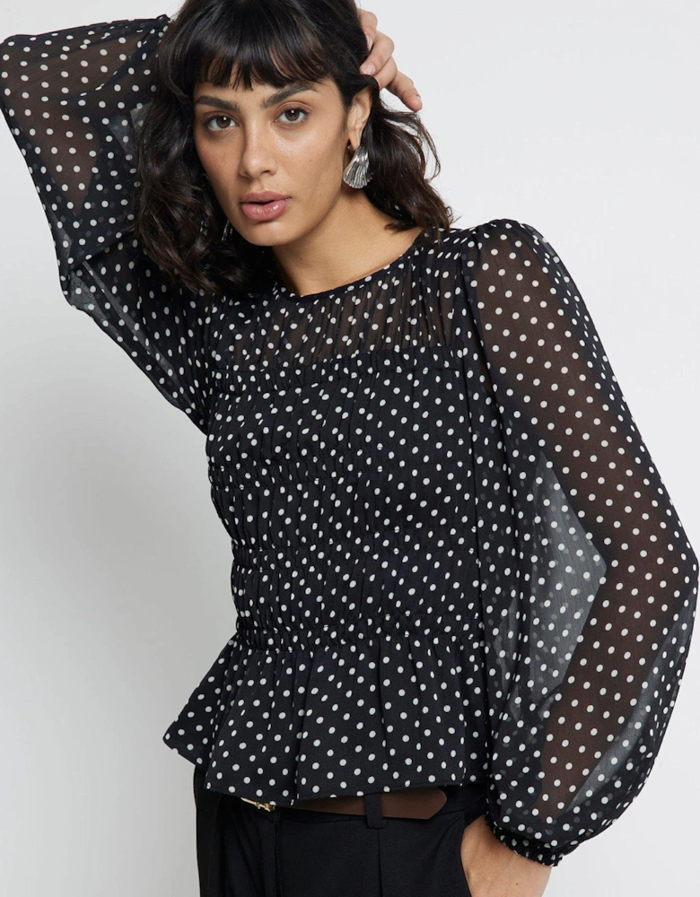 Spot Shirred Chiffon Blouse - Black