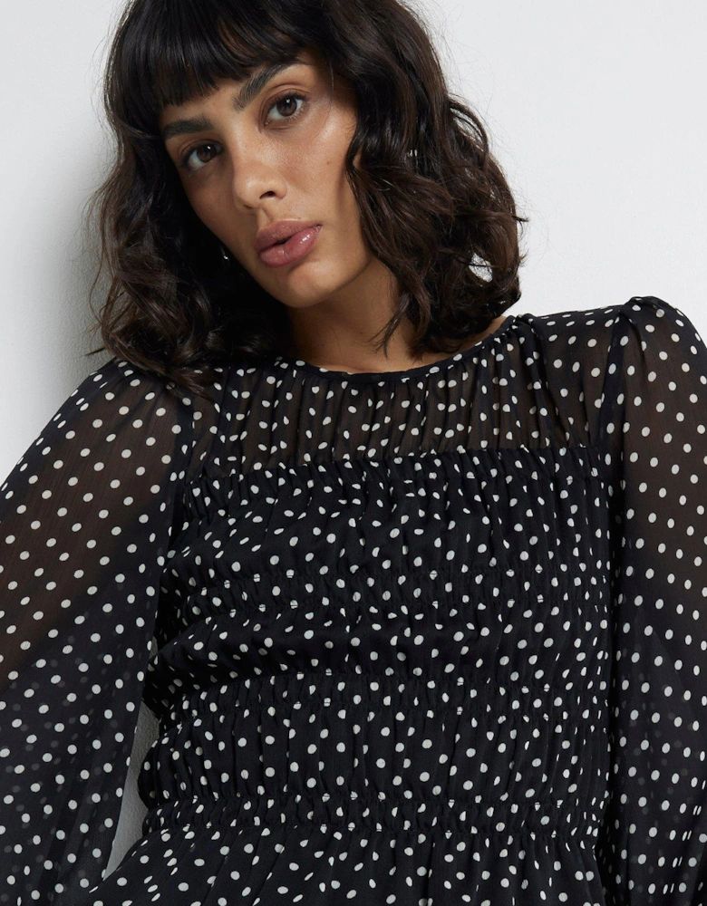 Spot Shirred Chiffon Blouse - Black