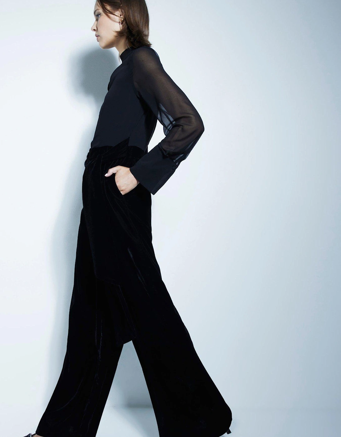 Velvet Chiffon Jumpsuit - Black