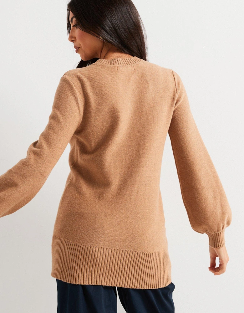 Crew Neck Longline Jumper - Beige