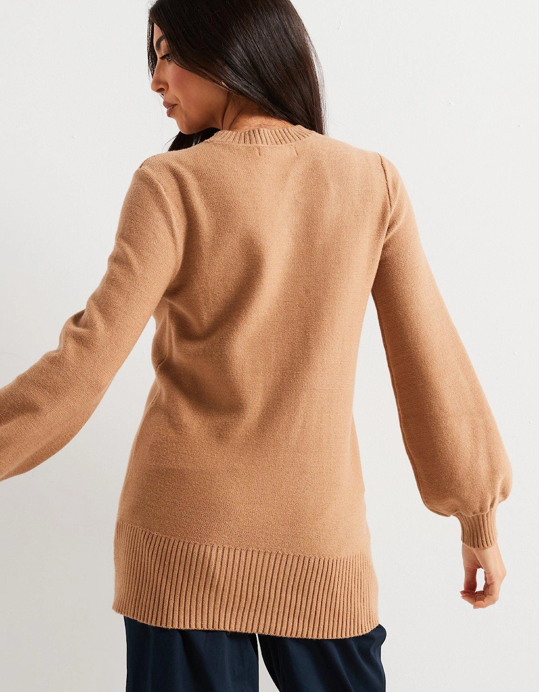 Crew Neck Longline Jumper - Beige