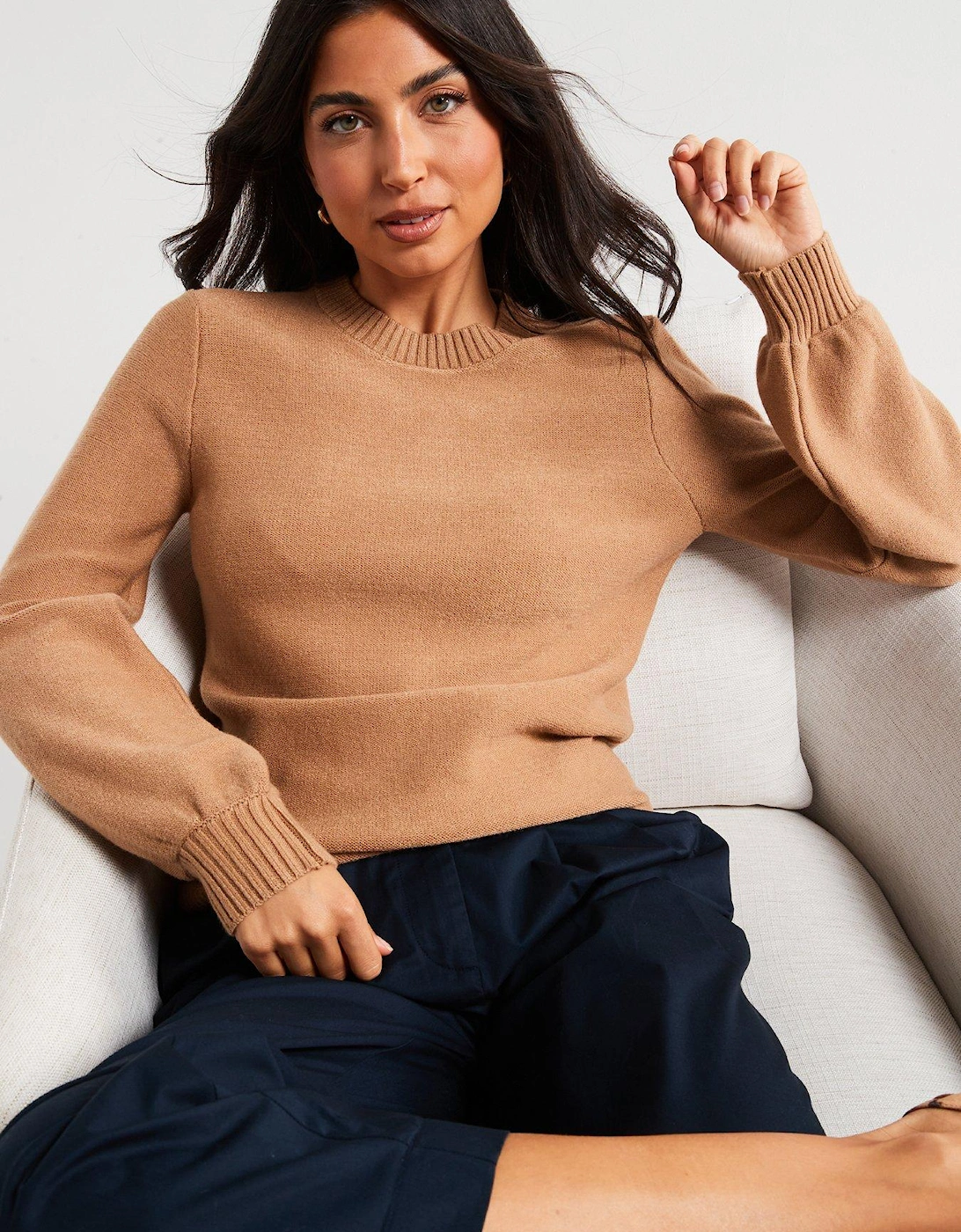 Crew Neck Longline Jumper - Beige