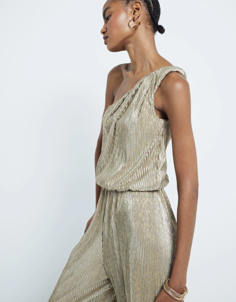 Asymmetric Metallic Plisse Jumpsuit - Gold