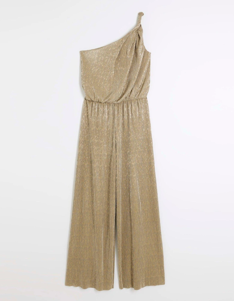 Asymmetric Metallic Plisse Jumpsuit - Gold