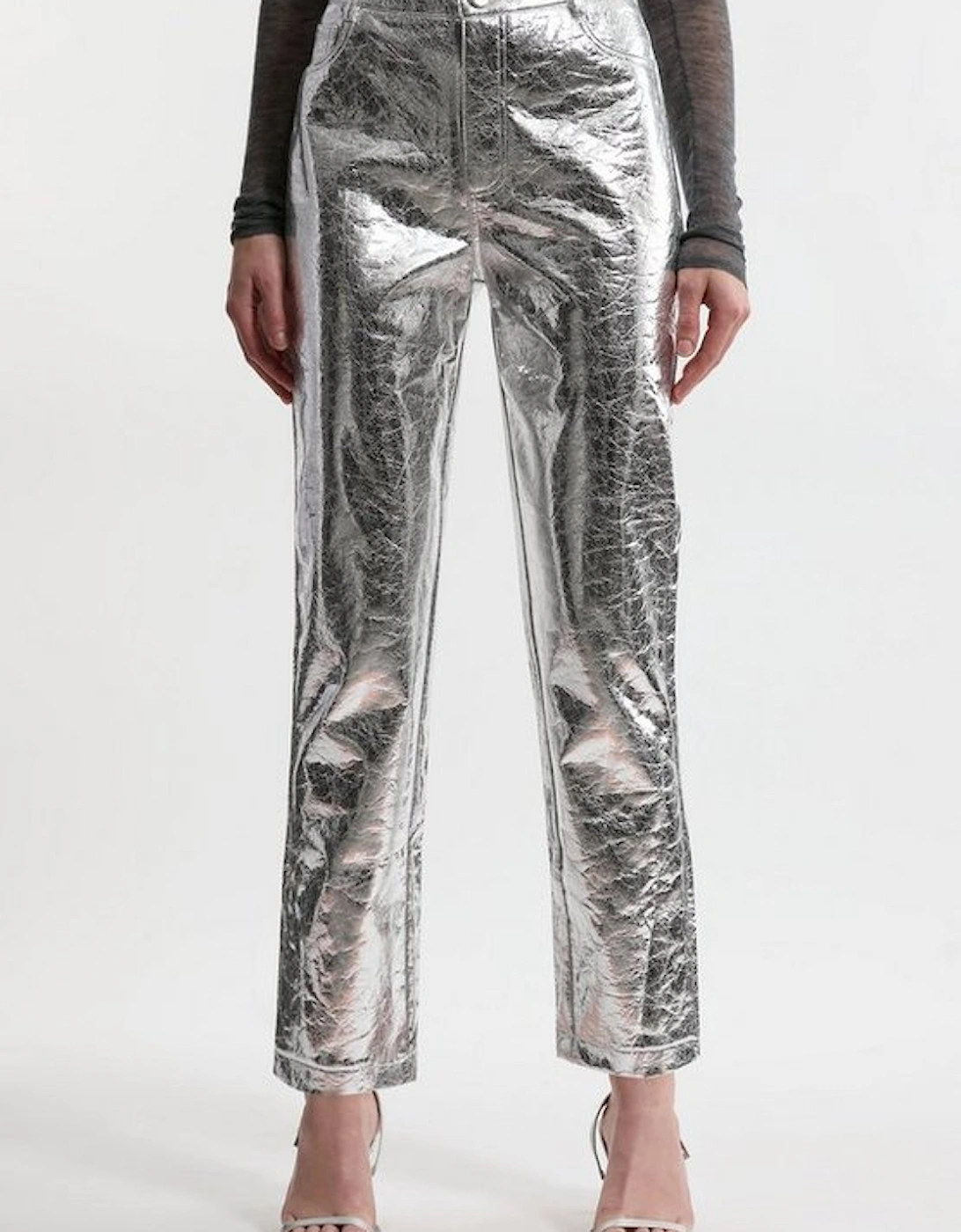 Metallic Faux Leather Straight Trousers