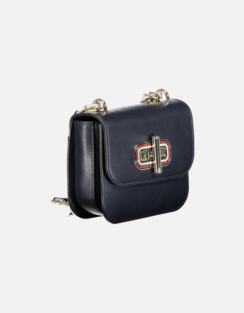 Blue Leather Shoulder Bag with Turn Closure and Contrasting Details