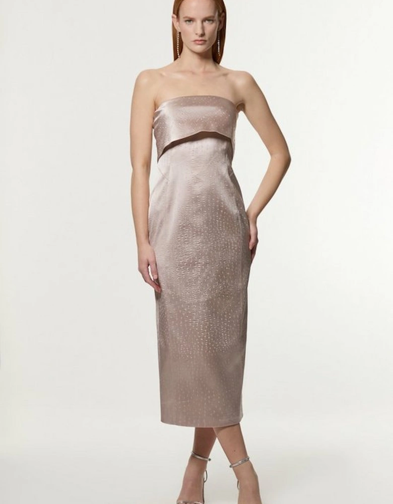 Italian Structured Textured Satin Bandeau Tailored Midi Dress