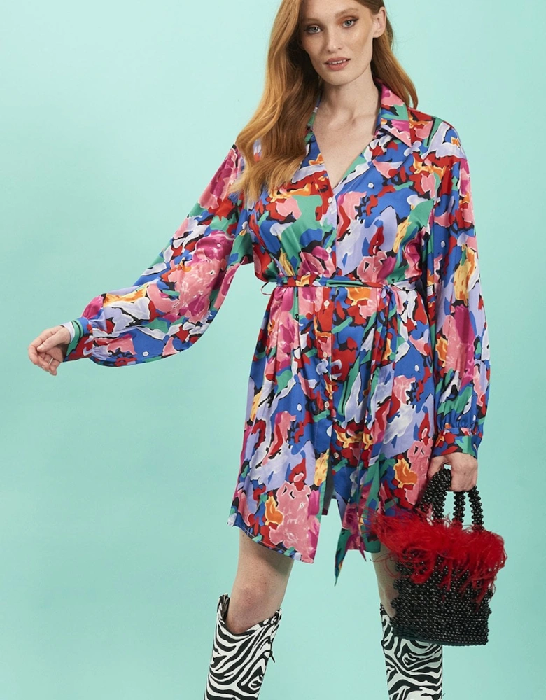 Floral Shirt Dress with Long Sleeves and Belt