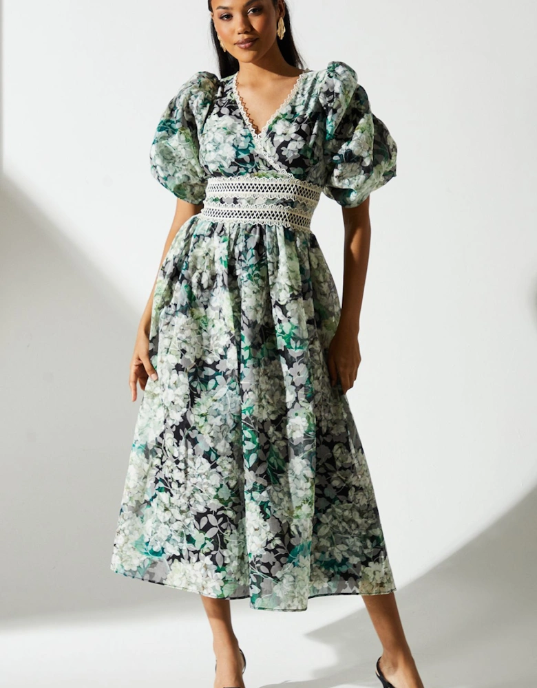 Printed Jacquard Lace Trim Gathered Sleeve Dress