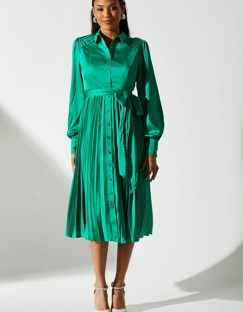 Pleated Satin Shirt Dress