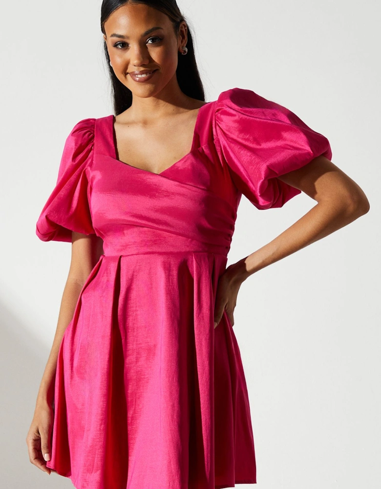 Puff Sleeve Full Skirted Mini Dress with Tie Back