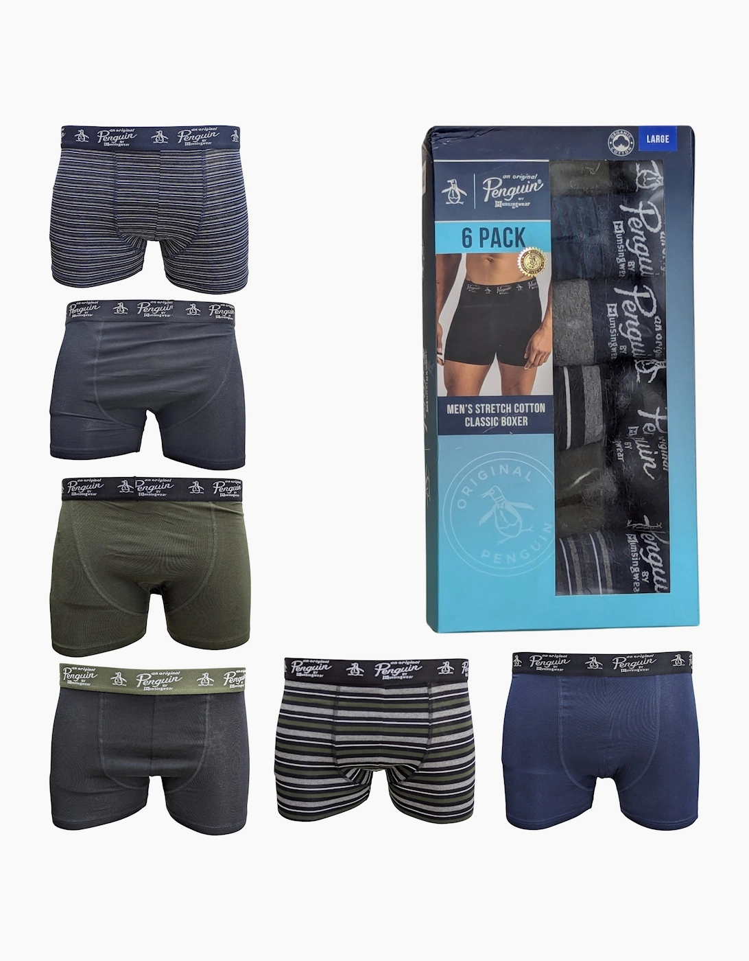 Original Penguin Men's Navy Boxer Trunks Stretch Cotton Rich 6X Pack Underwear Gift - Size: 35/34/32