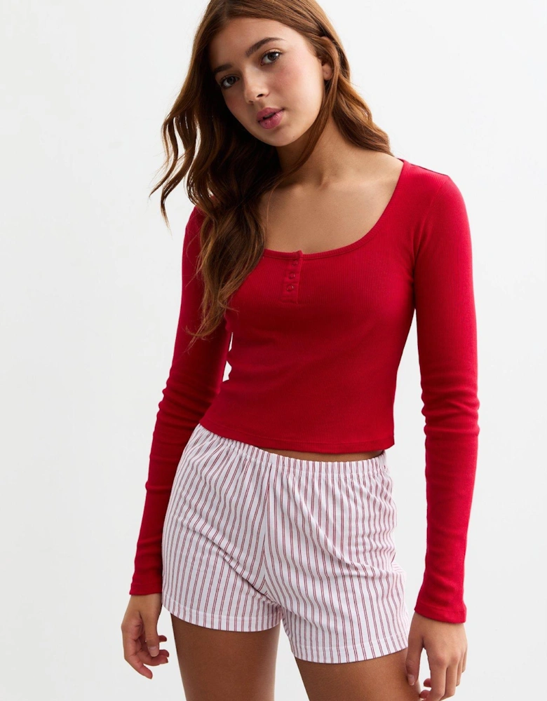 Girls Red Top And Striped Shorts Pyjamas