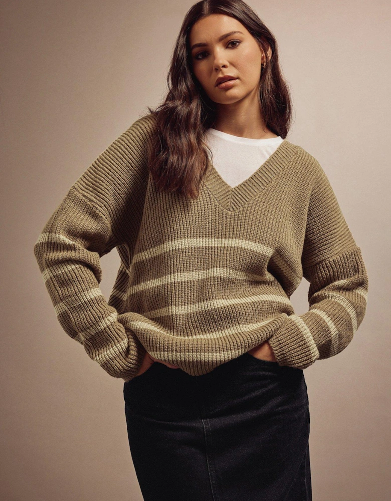 V Neck Stripe Jumper - Natural