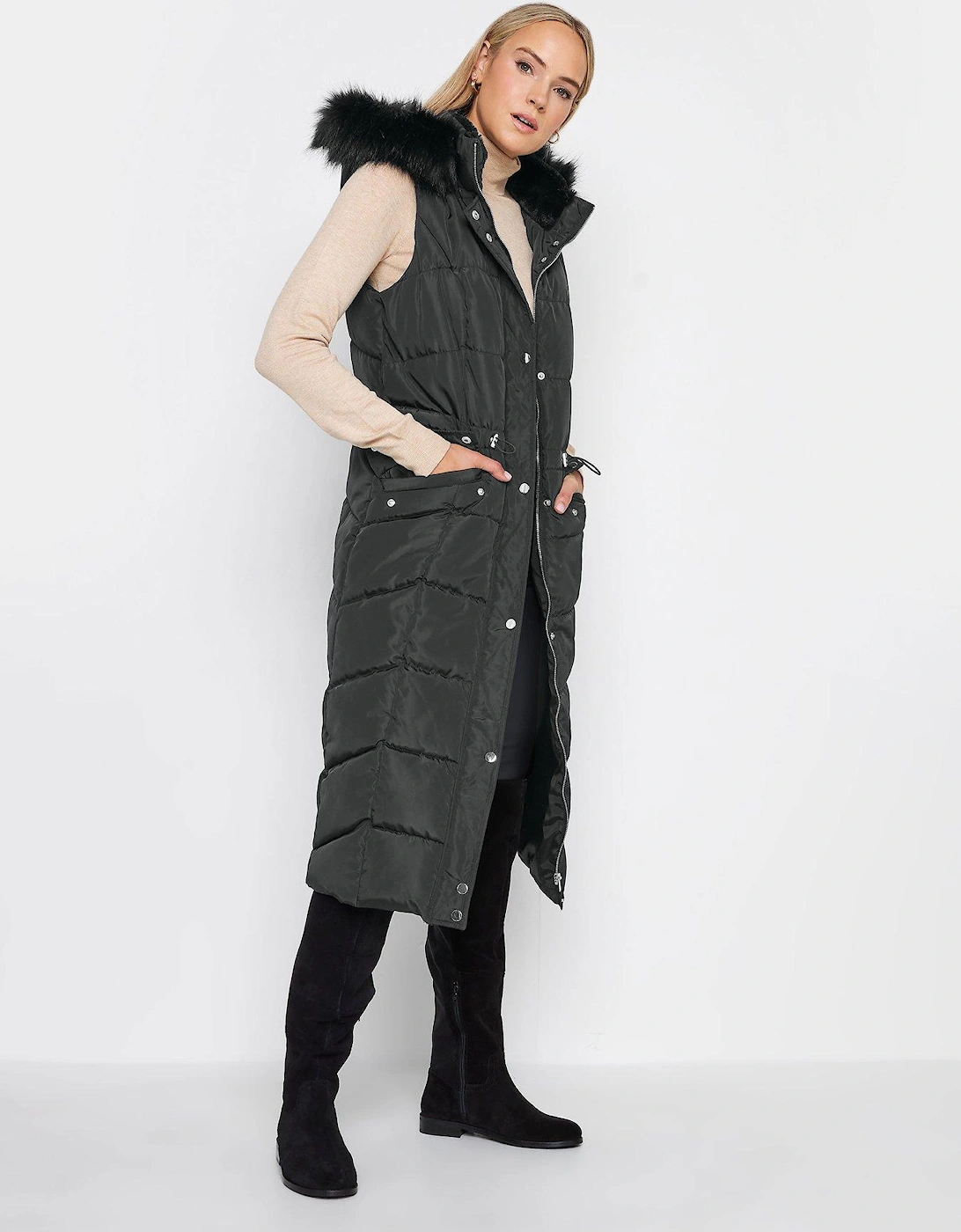 Black Faux Fur Trim Midi Gilet, 2 of 1