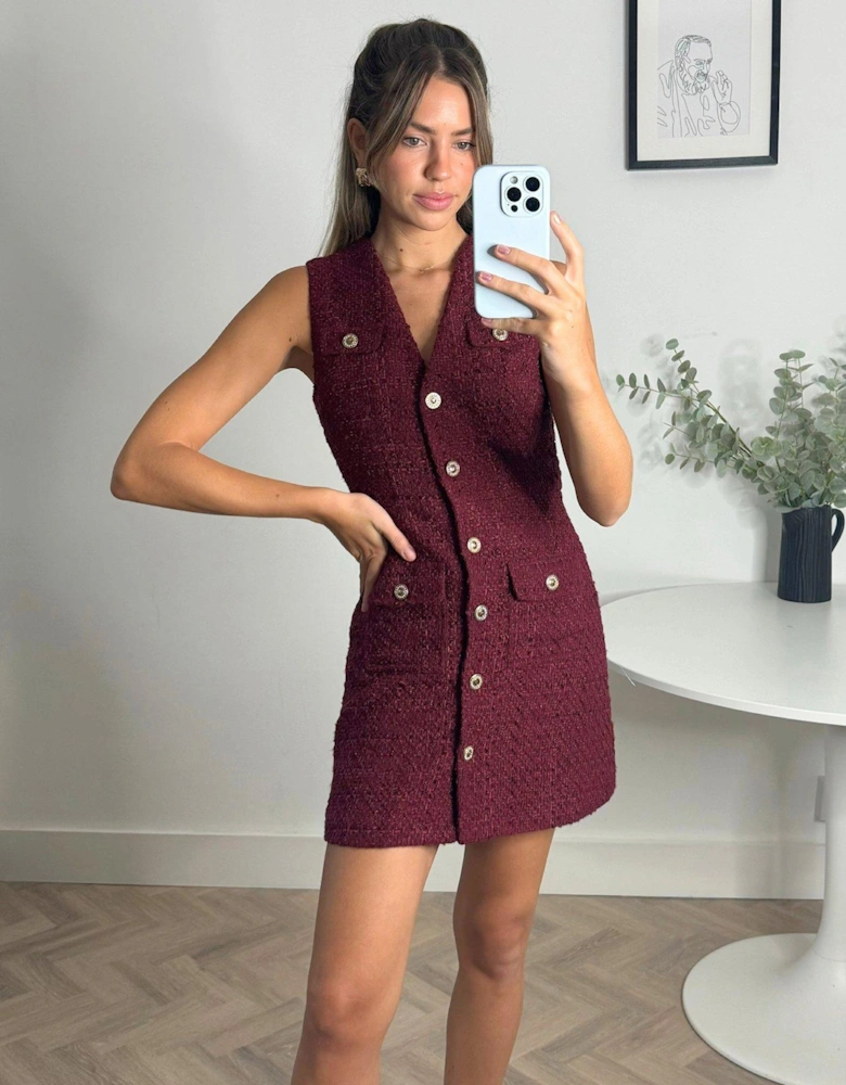 Textured Button Detail Dress - Burgundy