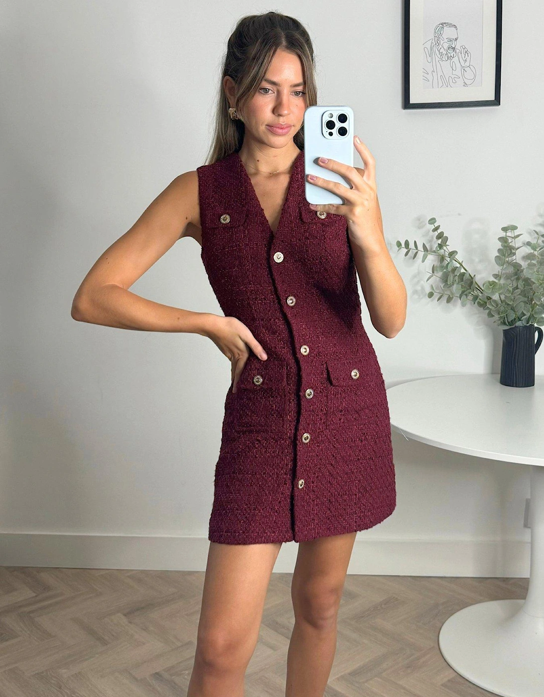 Textured Button Detail Dress - Burgundy, 5 of 4