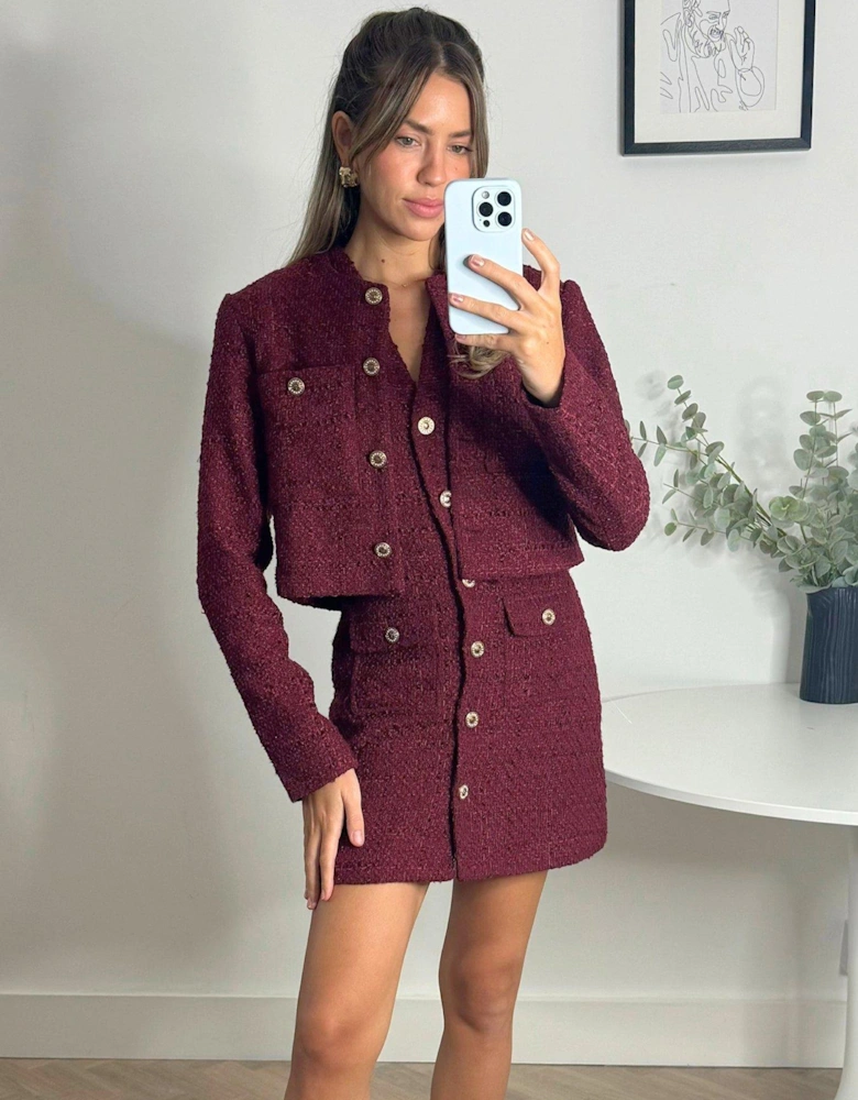 Button Detail Boucle Knit Jacket - Burgundy