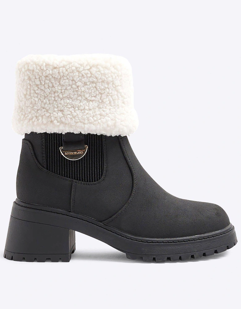 Shearling Cuff Heeled Boots - Black