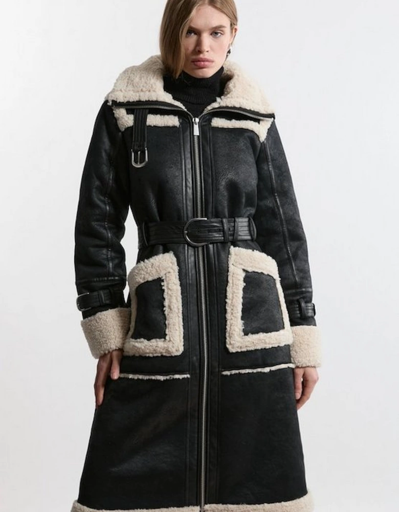 Faux Shearling Contrast Trim Hooded Midi Coat