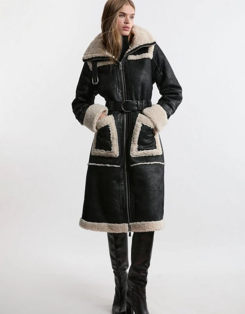 Faux Shearling Contrast Trim Hooded Midi Coat