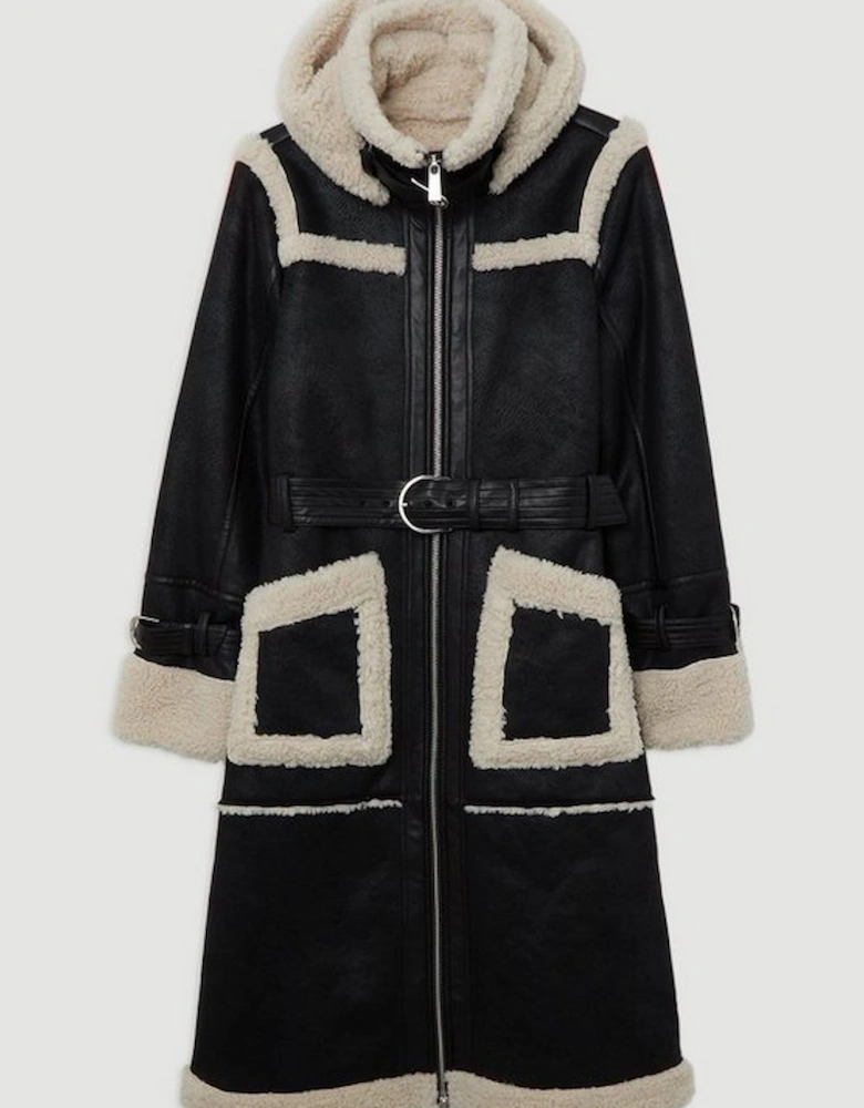 Faux Shearling Contrast Trim Hooded Midi Coat