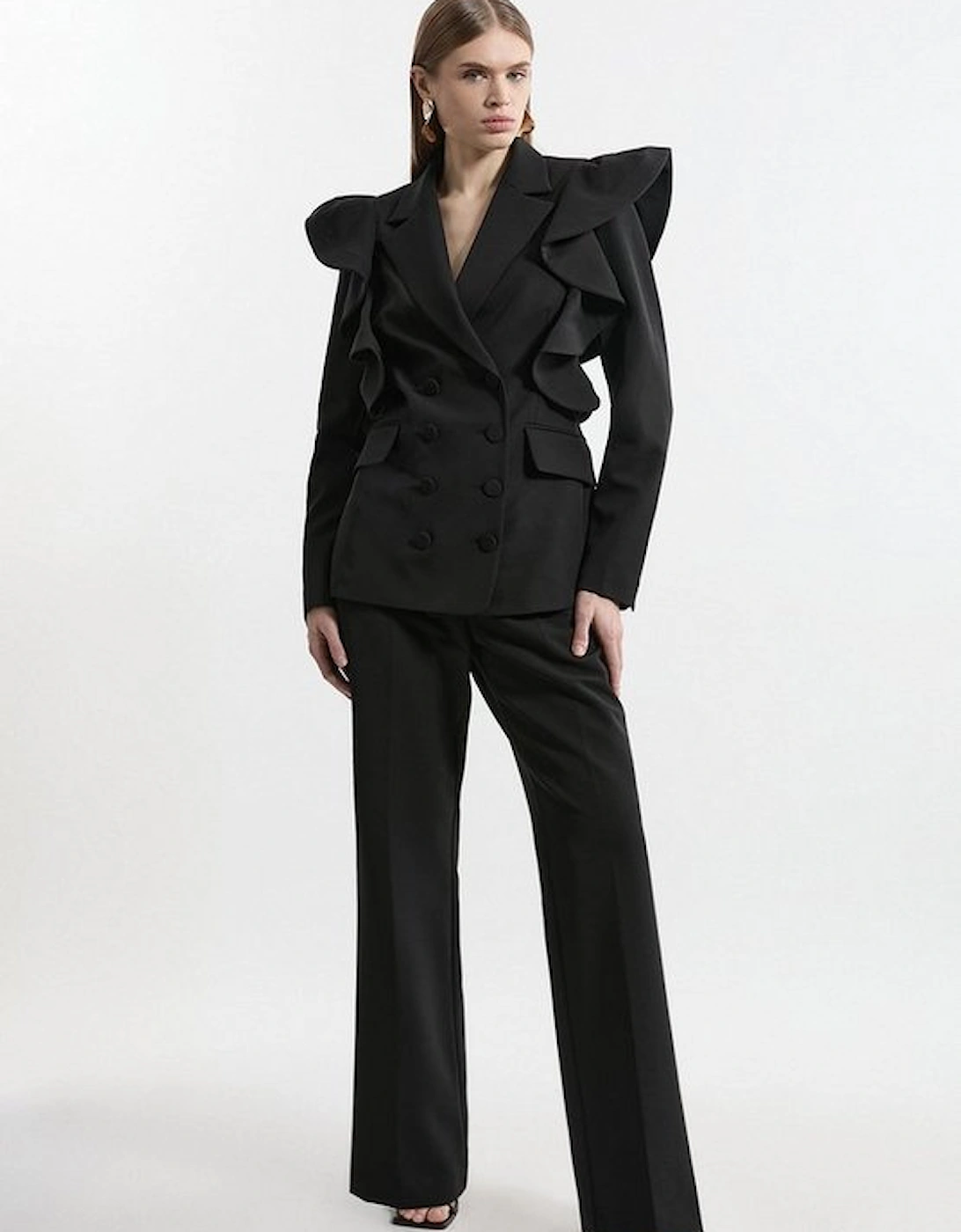 Tailored Drama Ruffle Double Breasted Blazer