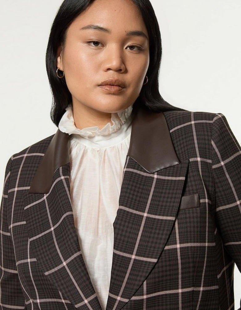 Plus Size Check Pu Mix Tailored Jacket