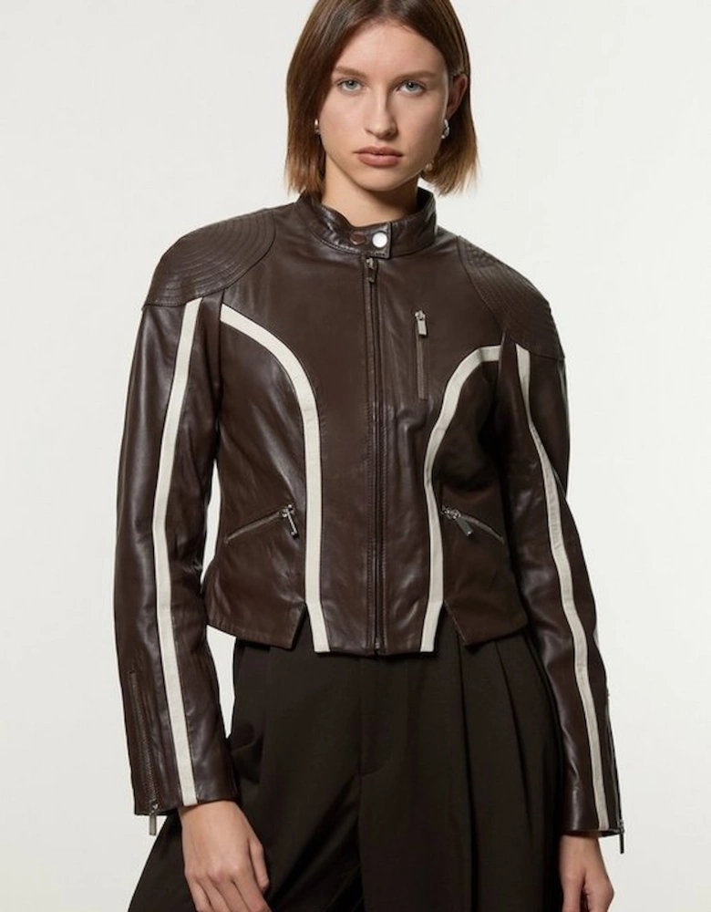 Leather Colourblock High Collar Motto Biker Jacket