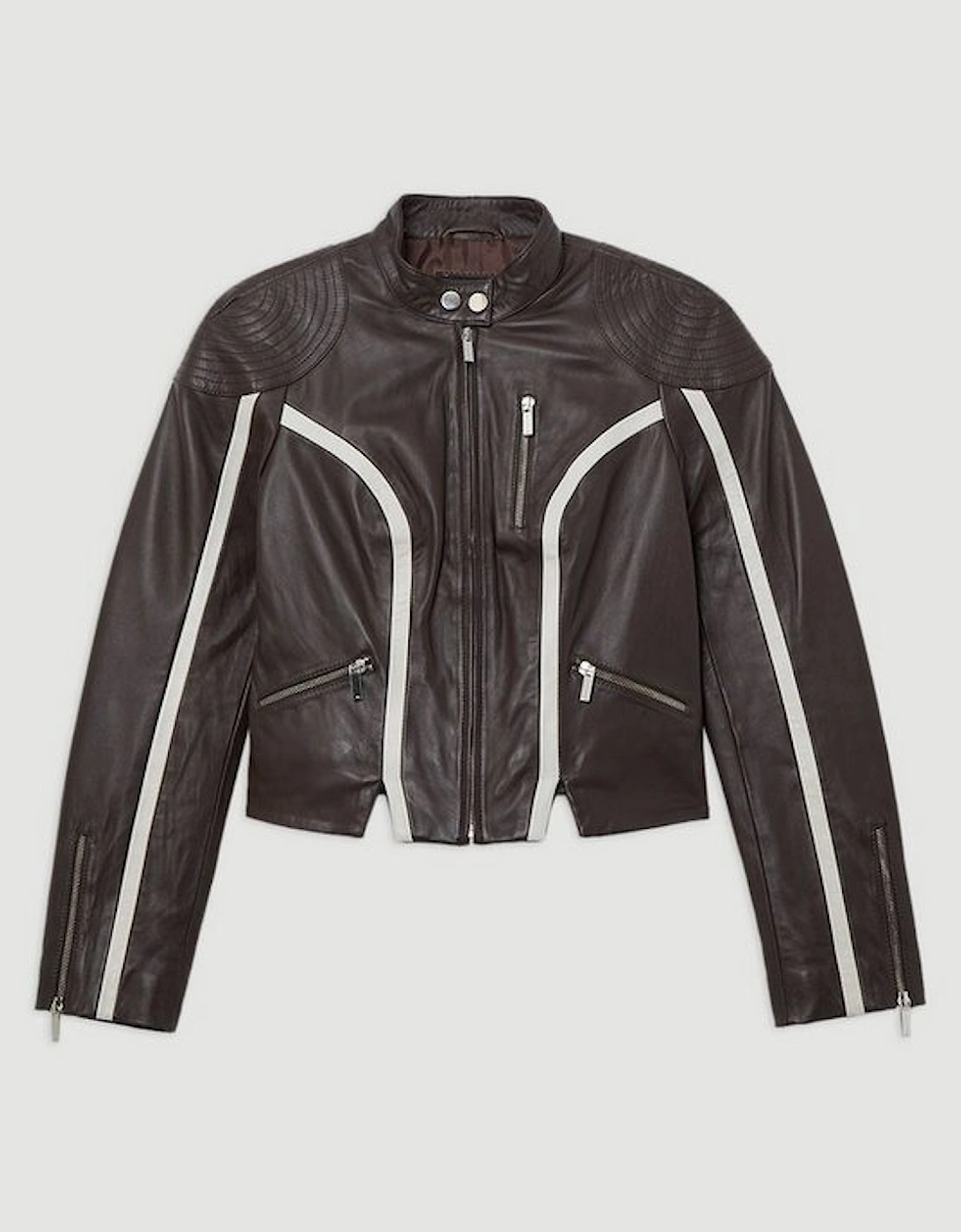 Leather Colourblock High Collar Motto Biker Jacket