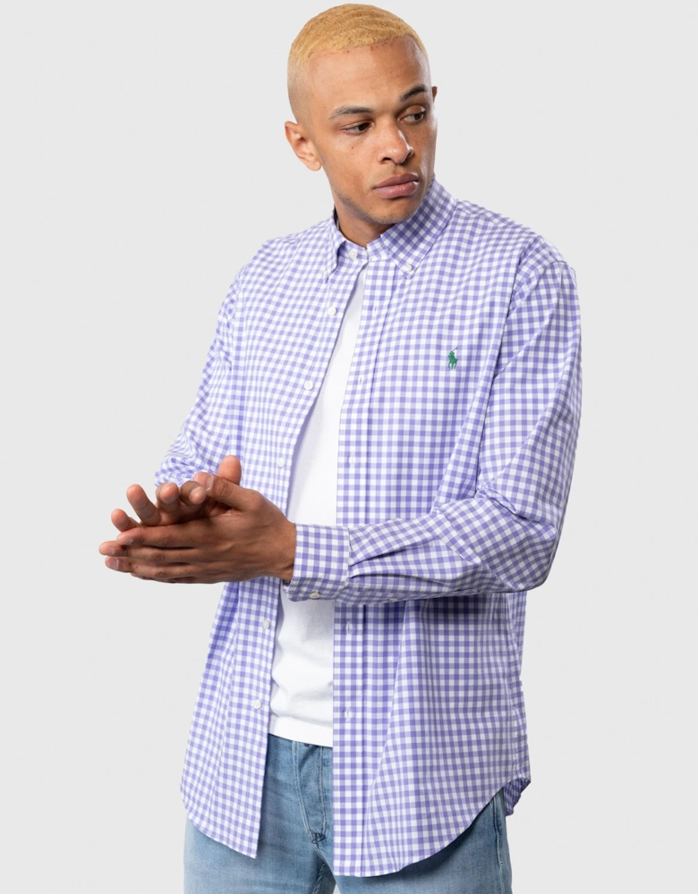 Mens Long Sleeved Button Down Check Shirt With Polo Pony