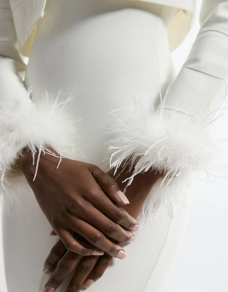 Figure Form Bandage Embellished Feather Cuff Crop Knit Jacket