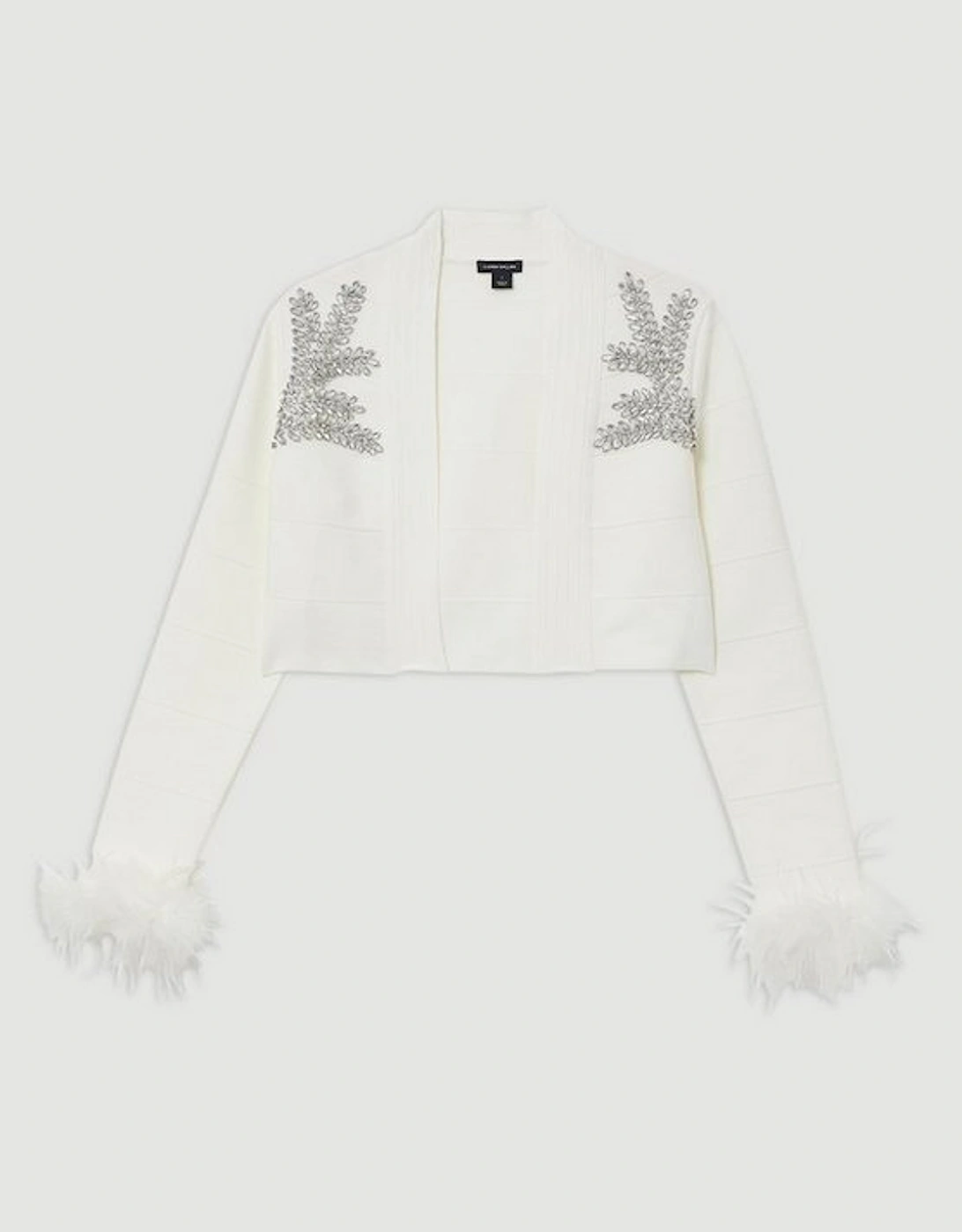 Figure Form Bandage Embellished Feather Cuff Crop Knit Jacket