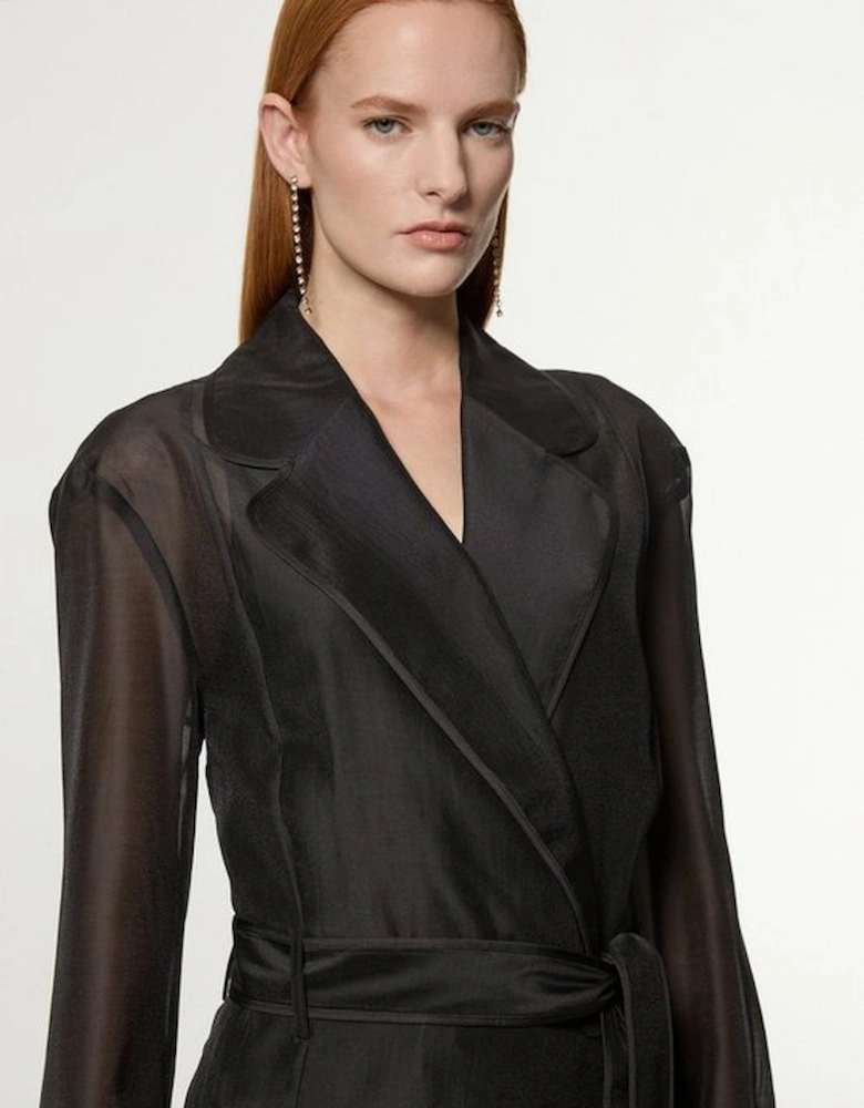 Organza And Satin Mix Tailored Sheer Trench Coat