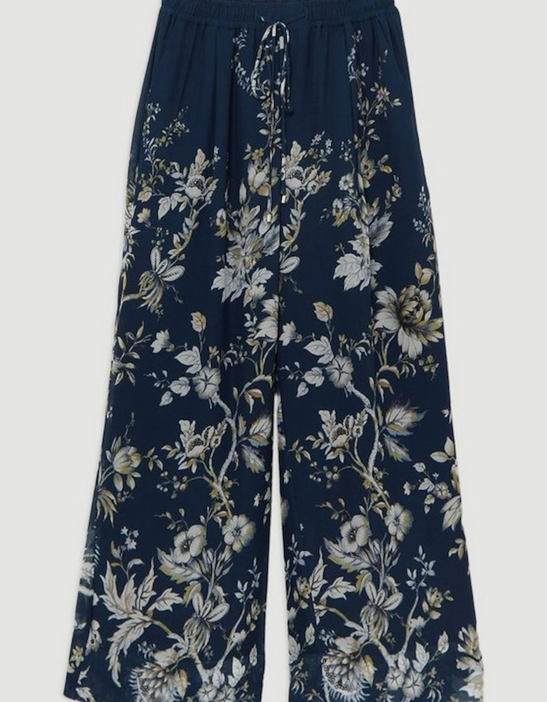 Floral Border Print Viscose Woven Wide Leg Trouser