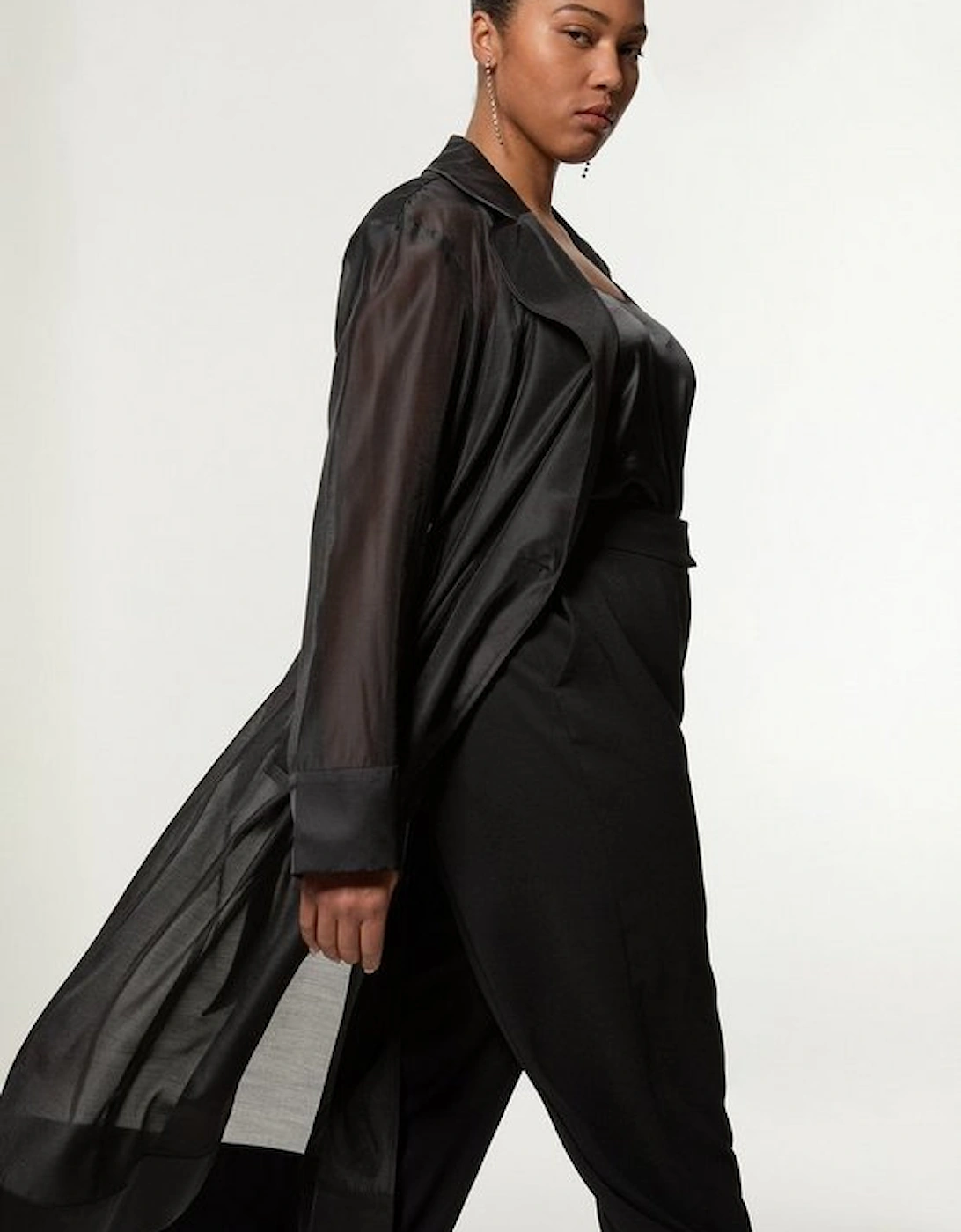 Plus Size Organza And Satin Mix Tailored Sheer Trench Coat