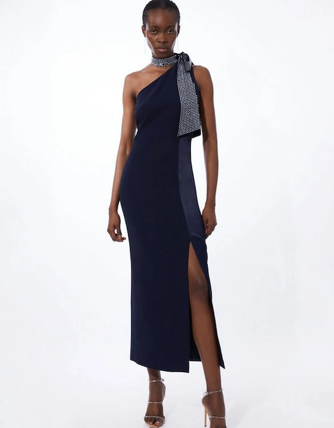 Viscose Satin Back Crepe Embellished Tie Detail Midi Dress, 5 of 4