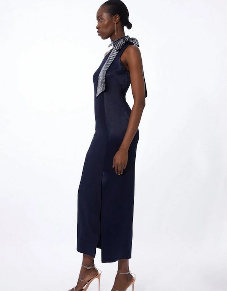 Viscose Satin Back Crepe Embellished Tie Detail Midi Dress